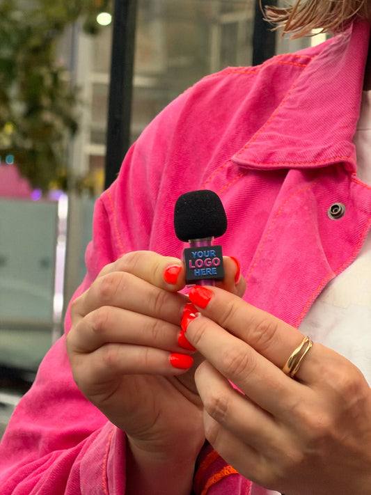 Mini microphone for iPhone interviews with custom logo cube