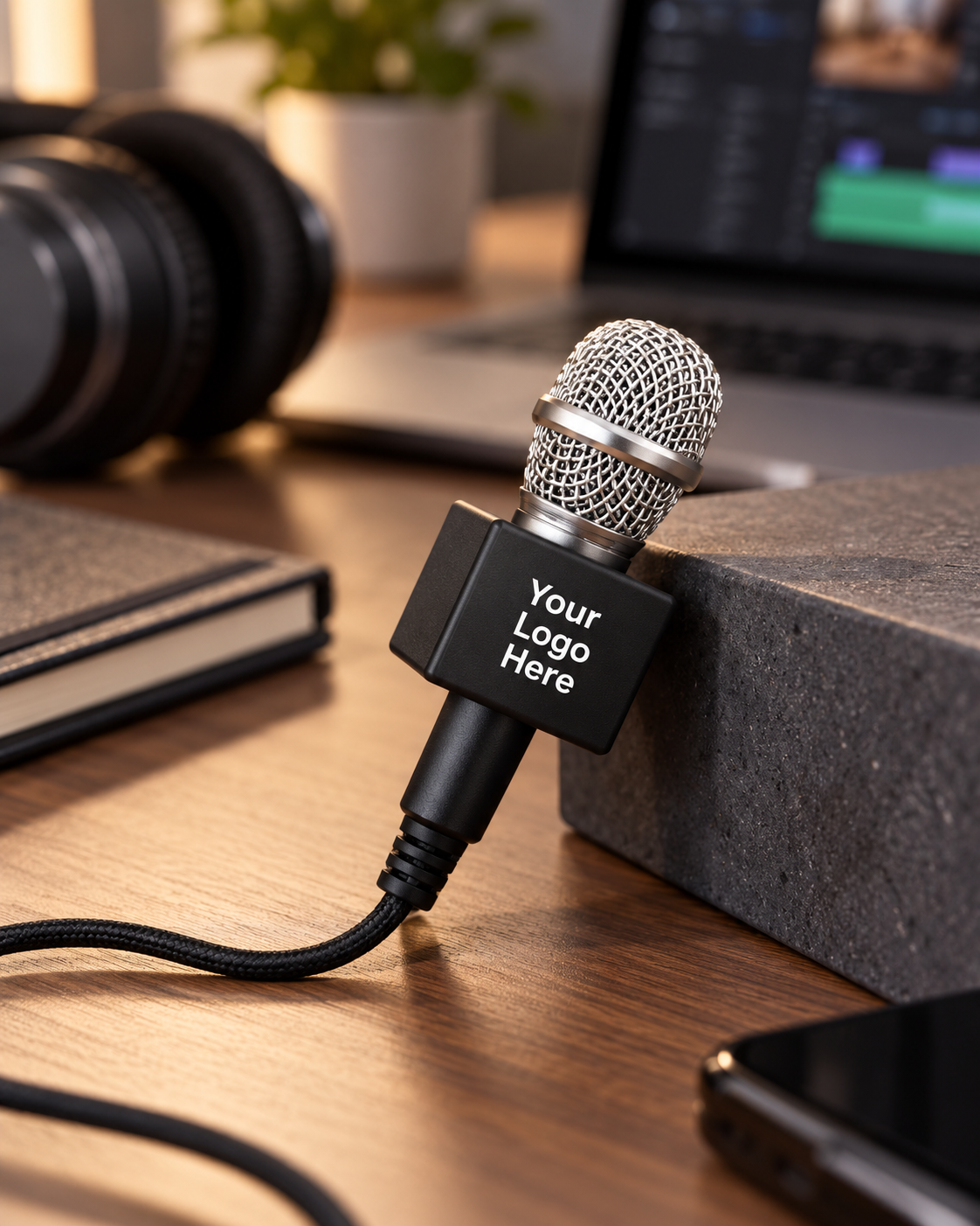 Custom logo mini microphone set – black mini mic with black mic flag cube printed with your logo